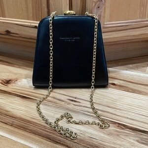 Gianfranco Lotti Firenze Italy black leather clutch purse gold chain vintage